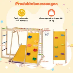 6-in-1 Indoor Klettergerüst Spielplatz mit Rutsche Kletterwand Basketballkorb Affenstange Seilnetz & Leiter Regenbogen
