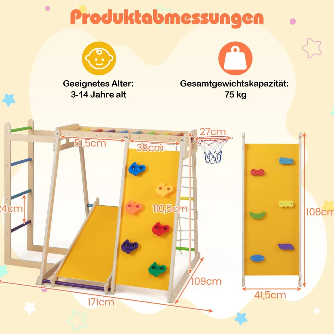 6-in-1 Indoor Klettergerüst Spielplatz mit Rutsche Kletterwand Basketballkorb Affenstange Seilnetz & Leiter Regenbogen