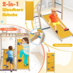 6-in-1 Indoor Klettergerüst Spielplatz mit Rutsche Kletterwand Basketballkorb Affenstange Seilnetz & Leiter Regenbogen