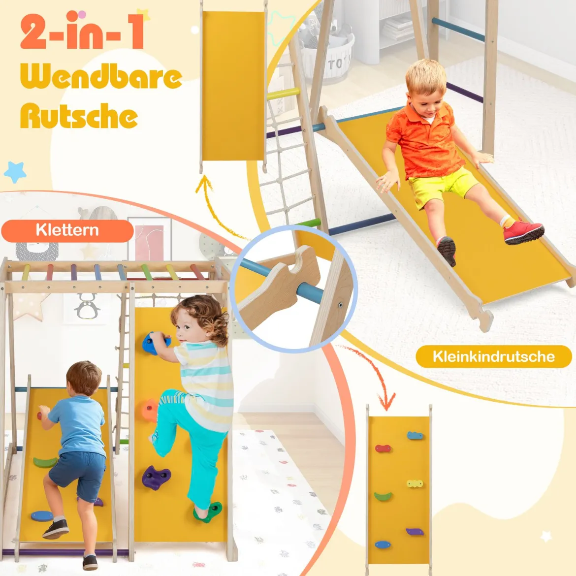 6-in-1 Indoor Klettergerüst Spielplatz mit Rutsche Kletterwand Basketballkorb Affenstange Seilnetz & Leiter Regenbogen
