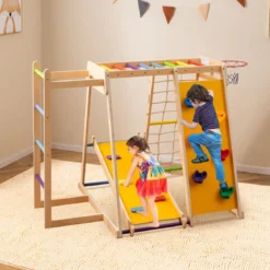 6-in-1 Indoor Klettergerüst Spielplatz mit Rutsche Kletterwand Basketballkorb Affenstange Seilnetz & Leiter Regenbogen