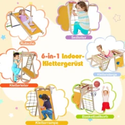 6-in-1 Indoor Klettergerüst Spielplatz mit Rutsche Kletterwand Basketballkorb Affenstange Seilnetz & Leiter Regenbogen
