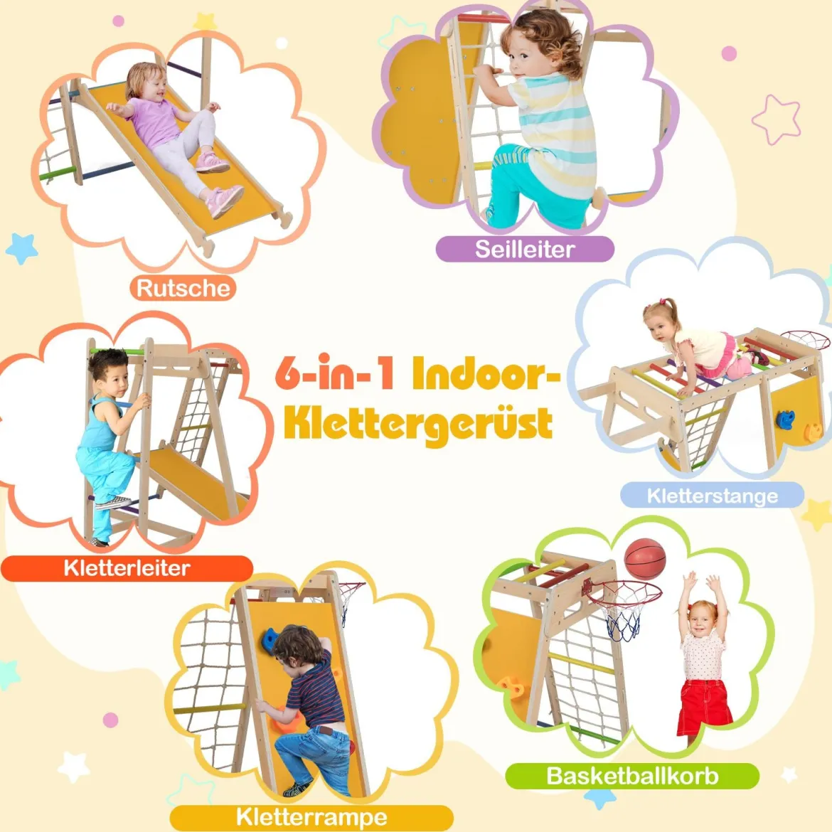 6-in-1 Indoor Klettergerüst Spielplatz mit Rutsche Kletterwand Basketballkorb Affenstange Seilnetz & Leiter Regenbogen