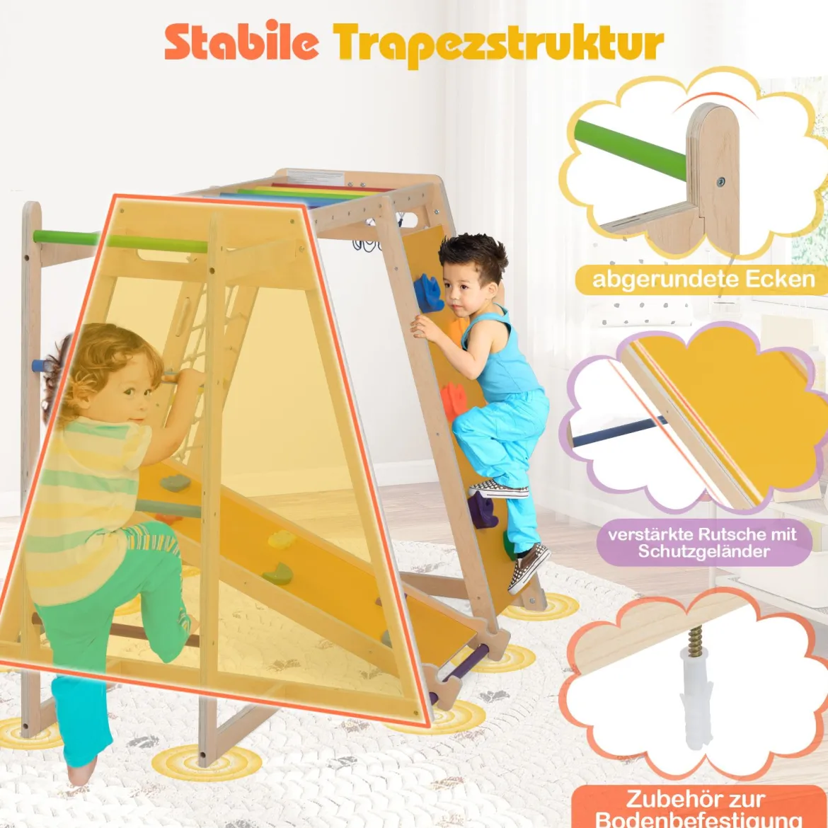 6-in-1 Indoor Klettergerüst Spielplatz mit Rutsche Kletterwand Basketballkorb Affenstange Seilnetz & Leiter Regenbogen