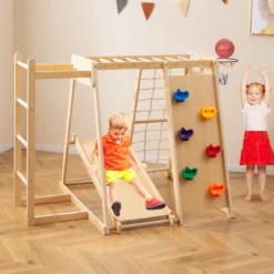6-in-1 Indoor Klettergerüst Spielplatz mit Rutsche Kletterwand Basketballkorb Affenstange Seilnetz Natur