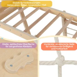 6-in-1 Indoor Klettergerüst Spielplatz mit Rutsche Kletterwand Basketballkorb Affenstange Seilnetz Natur