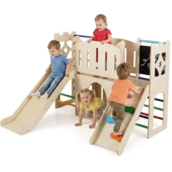 8-in-1 Indoor Spielplatz Holz mit Rutsche Kletterleiter Kletterrampe & Klettergerüst Mehrfarbig
