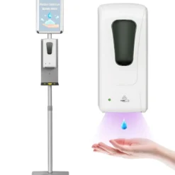 2 in 1 Infoständer Desinfektionsstation Automatischer Seifenspender 34 x 30 x 140,5 - 161 cm Silber