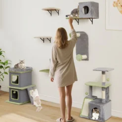 3-in-1 Katzenmöbelset Katzenaktivitätszentrum mit Katzenhaus 3-stufiger Kratzbaum Grau