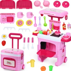 2 in 1 Küchen-Spielzeug-Trolley Küchen-Spielzeug-Set höhenverstellbar Kinder Rollenspiel Spielzeug Rosa