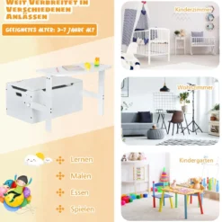 3 in 1 Kinder-Aktivitätstisch Set mit Schreibtisch & Sitzbank & Aufbewahrungsbox für Kindergarten Weiß