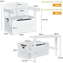 3 in 1 Kinder-Aktivitätstisch Set mit Schreibtisch & Sitzbank & Aufbewahrungsbox für Kindergarten Weiß