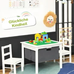 2-in-1-Kinder-Aktivtisch mit Stauraum und 2 Stühlen multifunktionales Basteltisch-Set für Kinder Weiß