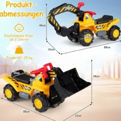 3 in 1 Kinder Bagger & Planierraupe Kinder Aufsitzauto Rutschauto mit Abnehmbarer Schaufel