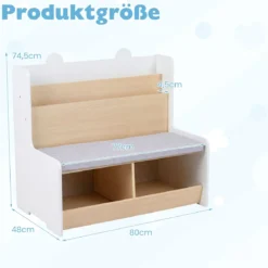 3 in 1 Kinder Bücherregal mit Sitzbank Kinderregal mit 2 Fächern & Gepolstertem Kissen Weiß