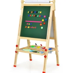 3 in 1 Kinder Doppelseitige Staffelei aus Holz mit Whiteboard & Kreidetafel & Zeichenpapier