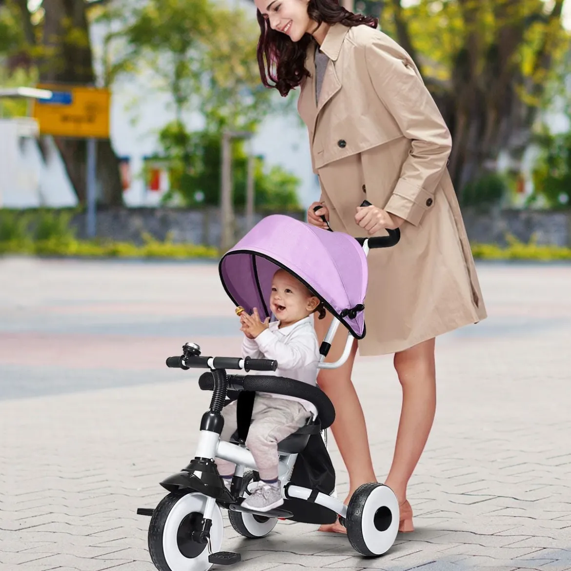 4-in-1 Kinderdreirad Klappbar Baby-Dreirad 3 Räder Fahrrad mit Markise Rosa