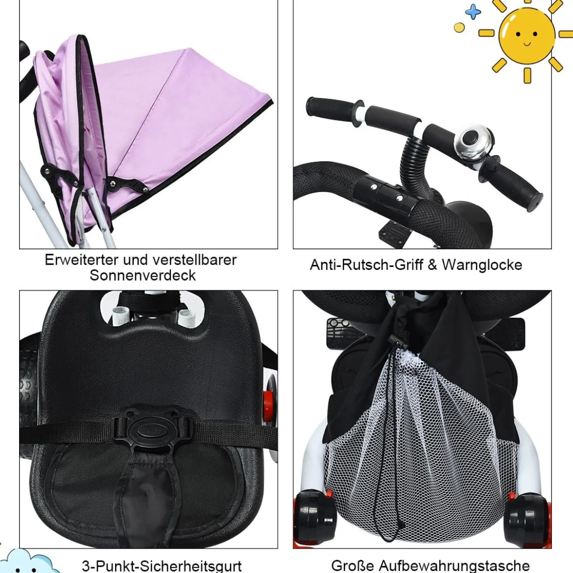 4-in-1 Kinderdreirad Klappbar Baby-Dreirad 3 Räder Fahrrad mit Markise Rosa