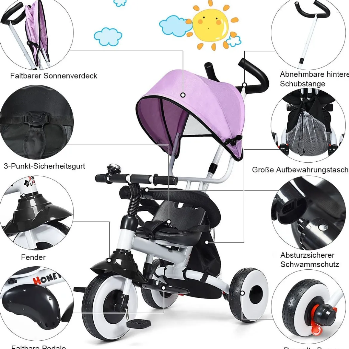 4-in-1 Kinderdreirad Klappbar Baby-Dreirad 3 Räder Fahrrad mit Markise Rosa