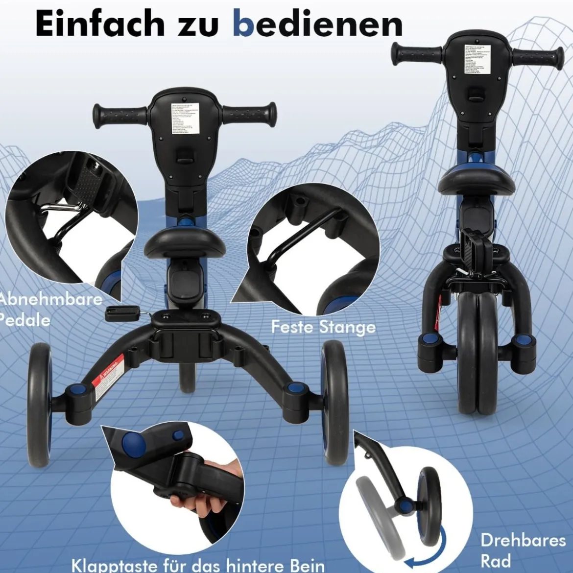 4-in-1 Kinder-Dreirad Lauflernwagen mit verstellbarem Schiebegriff & abnehmbaren Pedalen Blau