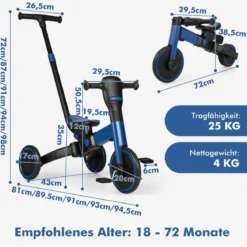 4-in-1 Kinder-Dreirad Lauflernwagen mit verstellbarem Schiebegriff & abnehmbaren Pedalen Blau
