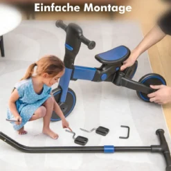 4-in-1 Kinder-Dreirad Lauflernwagen mit verstellbarem Schiebegriff & abnehmbaren Pedalen Blau