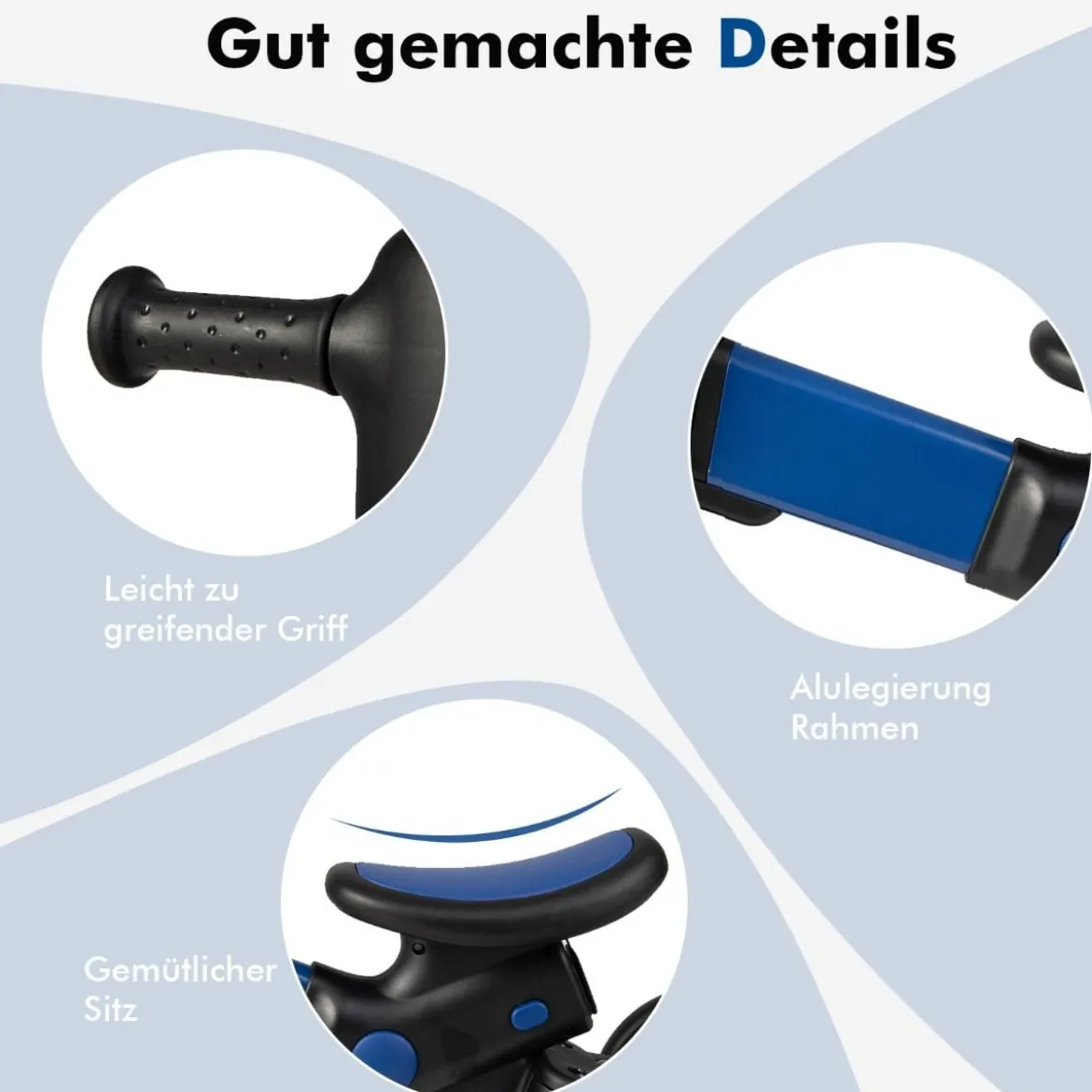 4-in-1 Kinder-Dreirad Lauflernwagen mit verstellbarem Schiebegriff & abnehmbaren Pedalen Blau