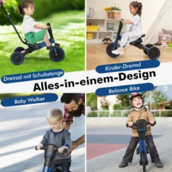 4-in-1 Kinder-Dreirad Lauflernwagen mit verstellbarem Schiebegriff & abnehmbaren Pedalen Blau