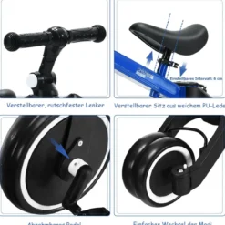 3 in 1 Kinder Dreirad & Laufrad & Balance Bike mit verstellbarem Sitz & Lenker Blau