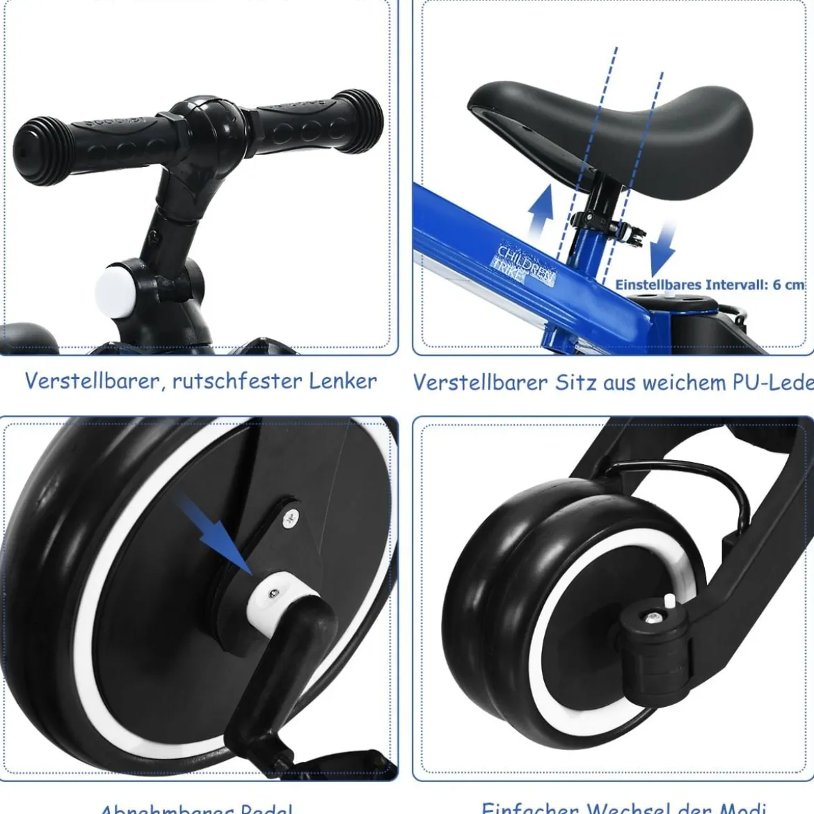3 in 1 Kinder Dreirad & Laufrad & Balance Bike mit verstellbarem Sitz & Lenker Blau