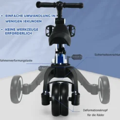 3 in 1 Kinder Dreirad & Laufrad & Balance Bike mit verstellbarem Sitz & Lenker Blau