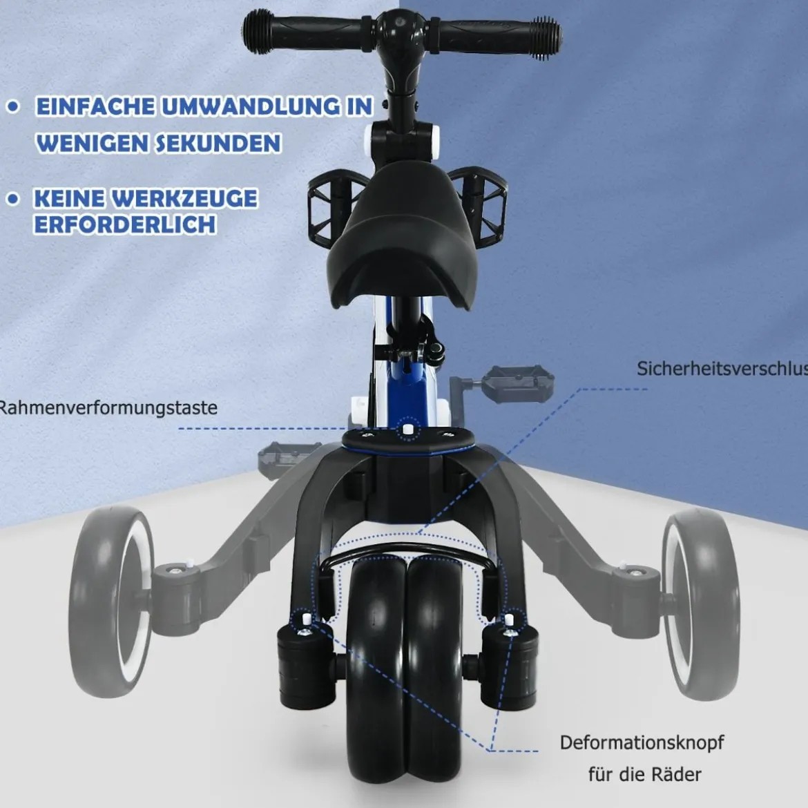 3 in 1 Kinder Dreirad & Laufrad & Balance Bike mit verstellbarem Sitz & Lenker Blau