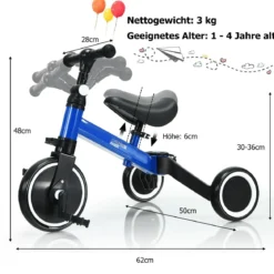 3 in 1 Kinder Dreirad & Laufrad & Balance Bike mit verstellbarem Sitz & Lenker Blau