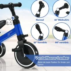 3 in 1 Kinder Dreirad & Laufrad & Balance Bike mit verstellbarem Sitz & Lenker Blau