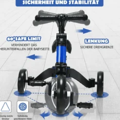 3 in 1 Kinder Dreirad & Laufrad & Balance Bike mit verstellbarem Sitz & Lenker Blau