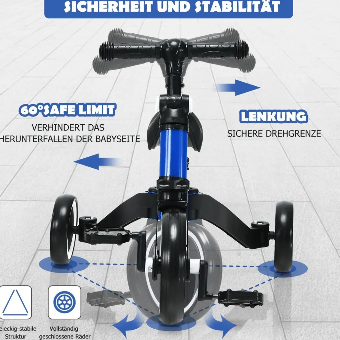 3 in 1 Kinder Dreirad & Laufrad & Balance Bike mit verstellbarem Sitz & Lenker Blau