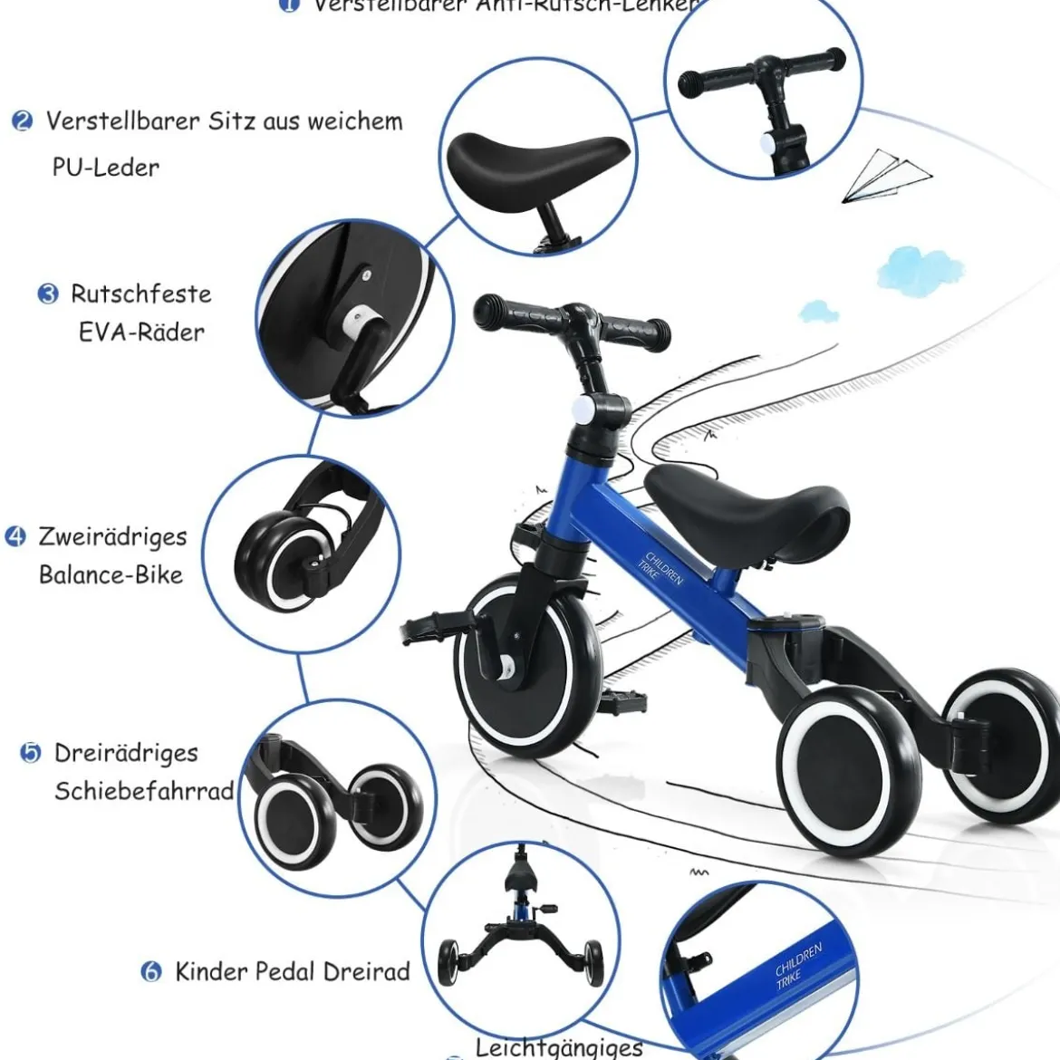 3 in 1 Kinder Dreirad & Laufrad & Balance Bike mit verstellbarem Sitz & Lenker Blau