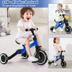 3 in 1 Kinder Dreirad & Laufrad & Balance Bike mit verstellbarem Sitz & Lenker Blau