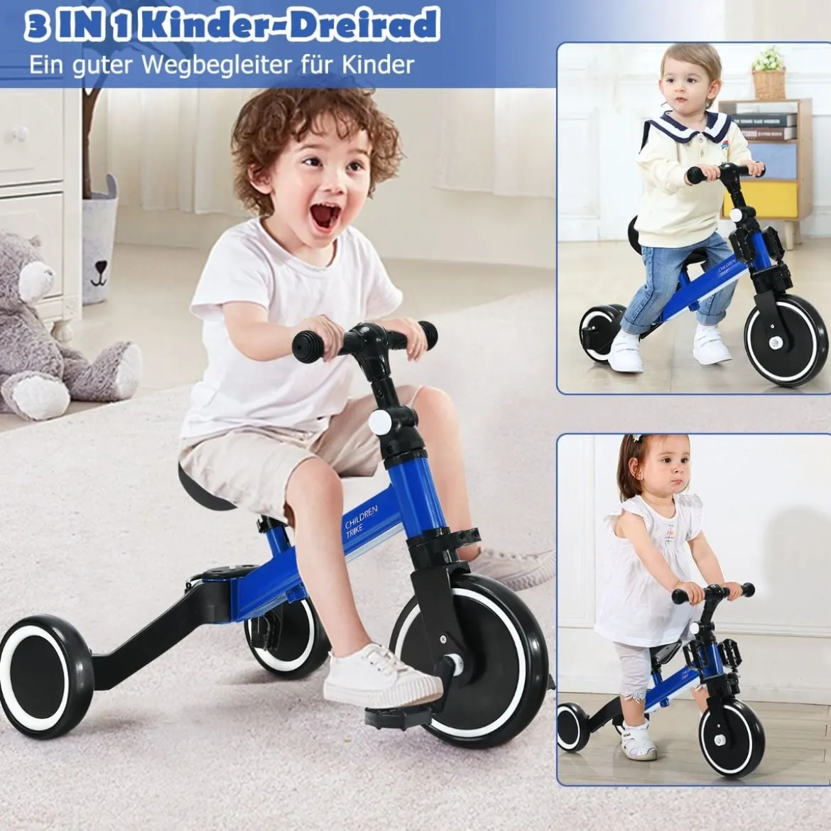 3 in 1 Kinder Dreirad & Laufrad & Balance Bike mit verstellbarem Sitz & Lenker Blau