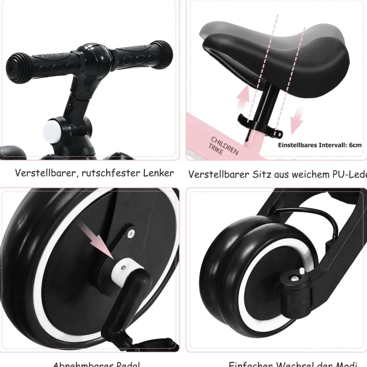 3 in 1 Kinder Dreirad & Laufrad & Balance Bike mit verstellbarem Sitz & Lenker Rosa