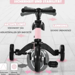 3 in 1 Kinder Dreirad & Laufrad & Balance Bike mit verstellbarem Sitz & Lenker Rosa