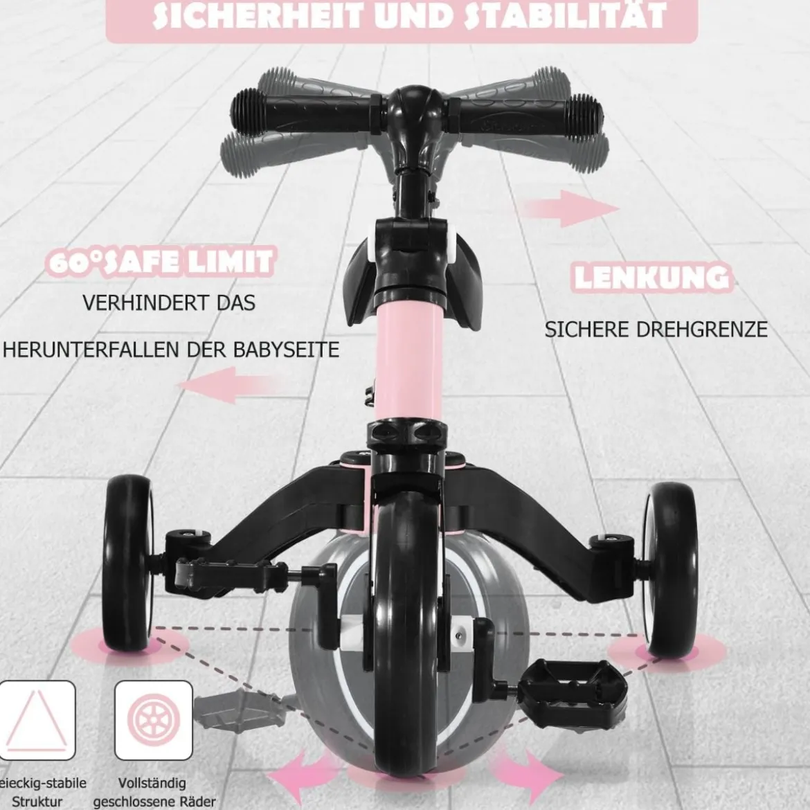 3 in 1 Kinder Dreirad & Laufrad & Balance Bike mit verstellbarem Sitz & Lenker Rosa