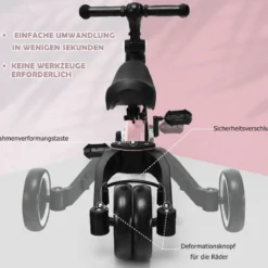 3 in 1 Kinder Dreirad & Laufrad & Balance Bike mit verstellbarem Sitz & Lenker Rosa