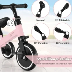 3 in 1 Kinder Dreirad & Laufrad & Balance Bike mit verstellbarem Sitz & Lenker Rosa