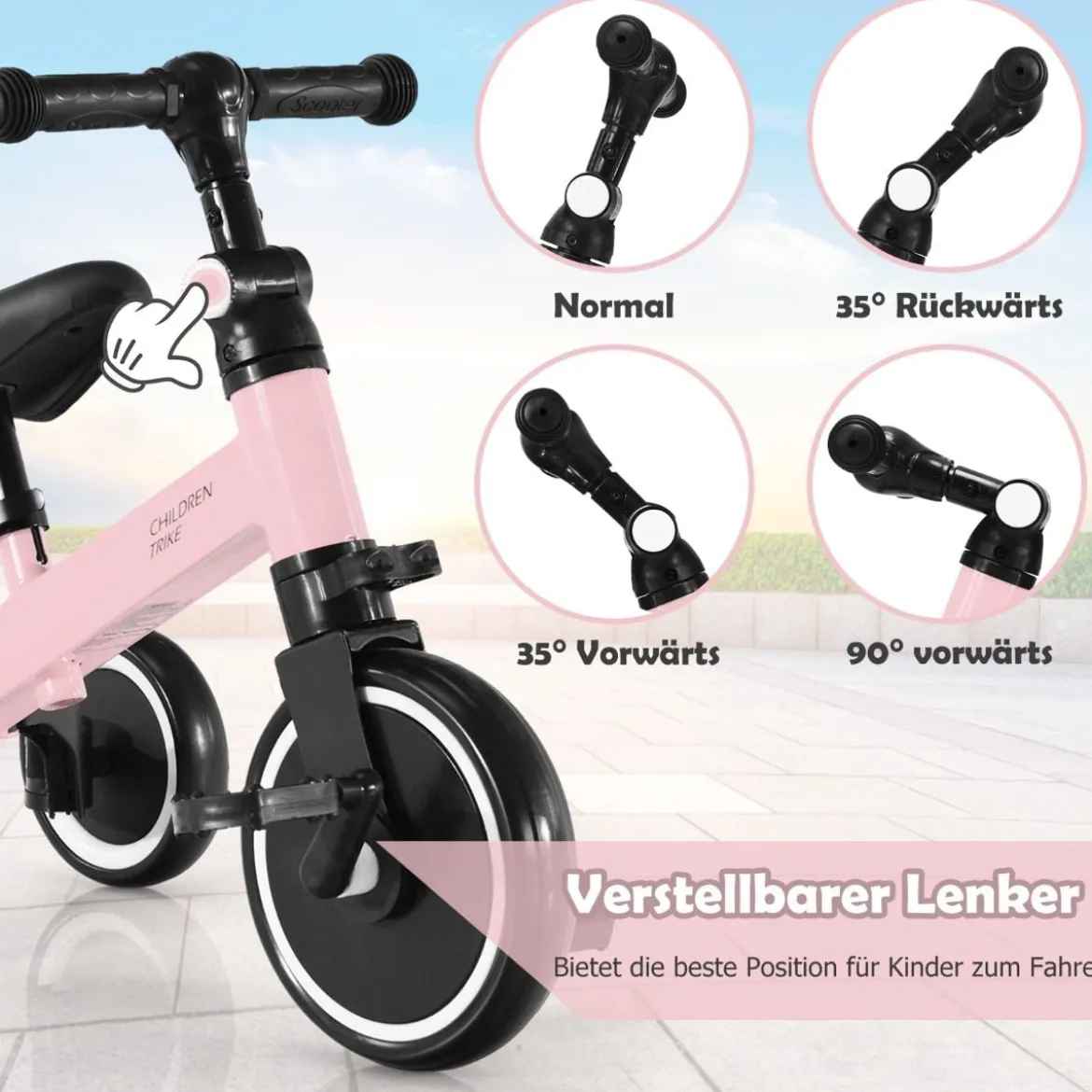 3 in 1 Kinder Dreirad & Laufrad & Balance Bike mit verstellbarem Sitz & Lenker Rosa