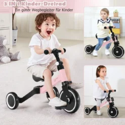 3 in 1 Kinder Dreirad & Laufrad & Balance Bike mit verstellbarem Sitz & Lenker Rosa