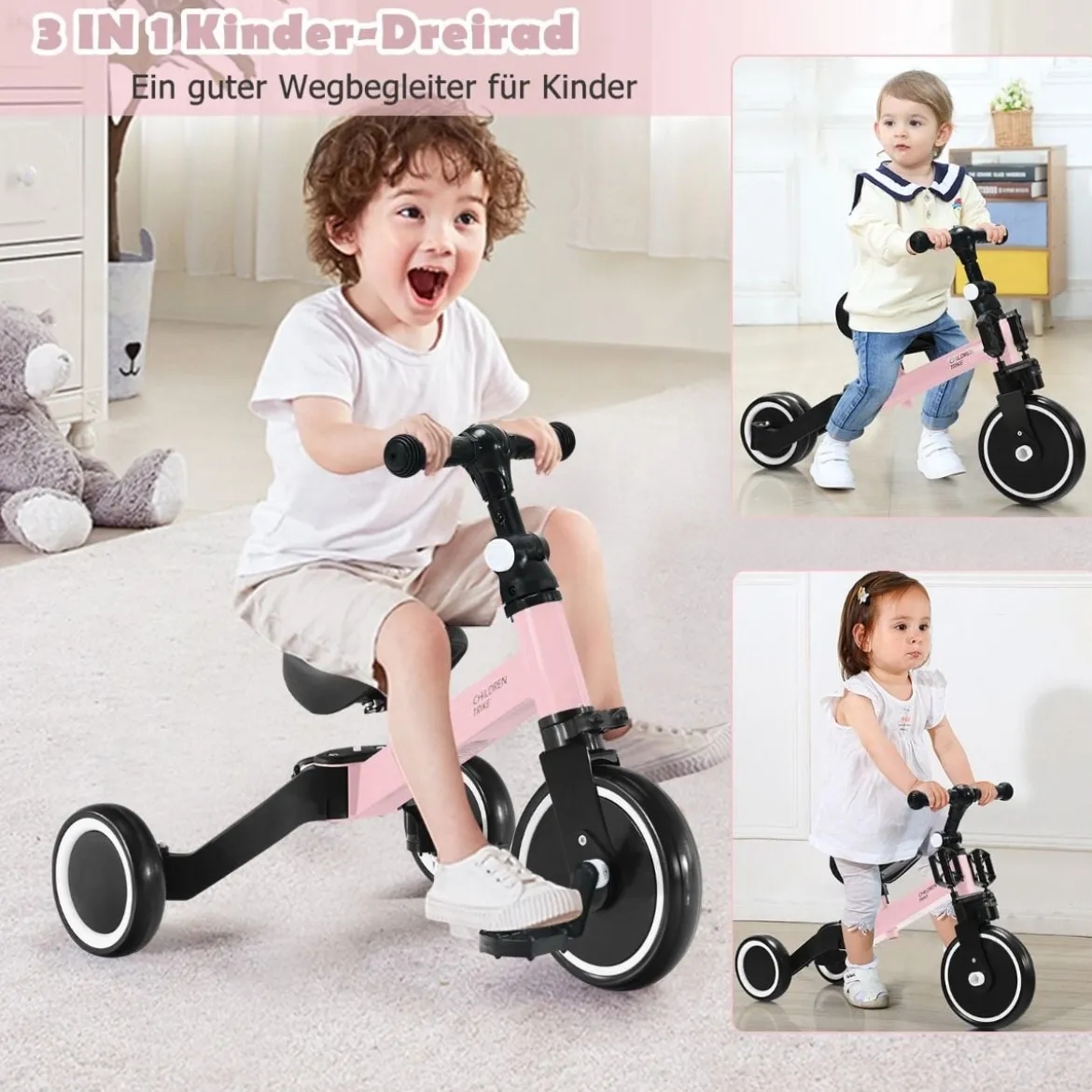 3 in 1 Kinder Dreirad & Laufrad & Balance Bike mit verstellbarem Sitz & Lenker Rosa