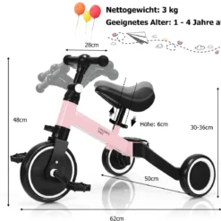 3 in 1 Kinder Dreirad & Laufrad & Balance Bike mit verstellbarem Sitz & Lenker Rosa