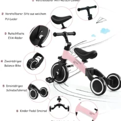3 in 1 Kinder Dreirad & Laufrad & Balance Bike mit verstellbarem Sitz & Lenker Rosa