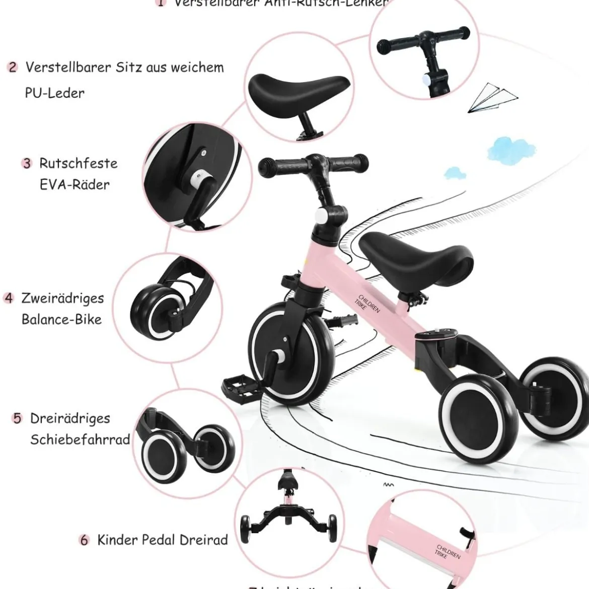 3 in 1 Kinder Dreirad & Laufrad & Balance Bike mit verstellbarem Sitz & Lenker Rosa